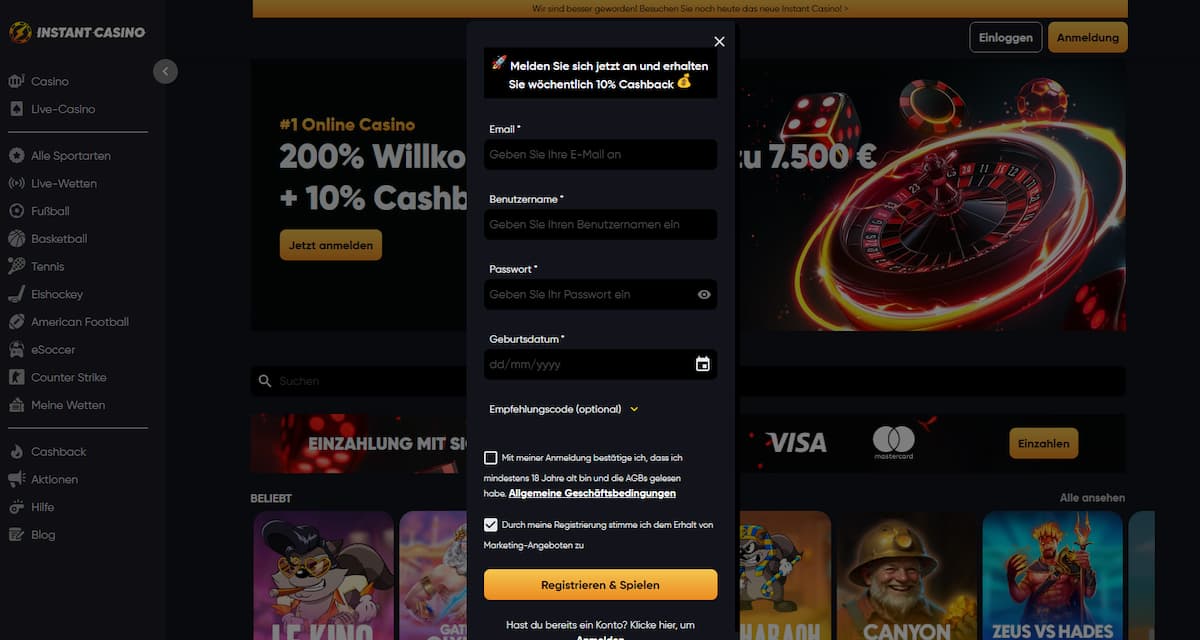 Registrierung bei Instant Casino